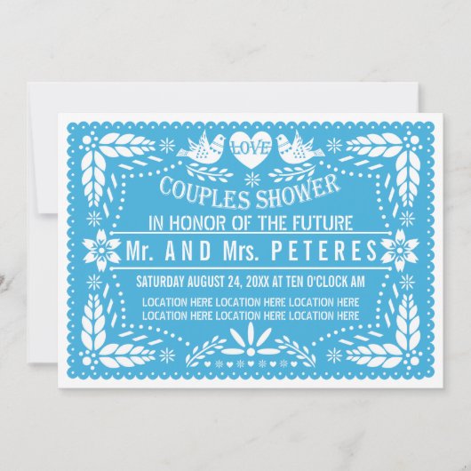 Invitation Papier picado lovebirds bleu mariage couples douch (Devant)