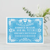 Invitation Papier picado lovebirds bleu mariage couples douch (Debout devant)