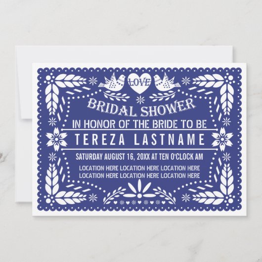 Invitation Papier picado oiseaux bleu foncé mariage douche nu (Devant)