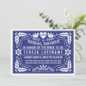 Invitation Papier picado oiseaux bleu foncé mariage douche nu (Debout devant)