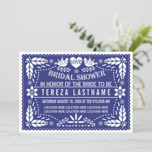 Invitation Papier picado oiseaux bleu foncé mariage douche nu (Debout devant)