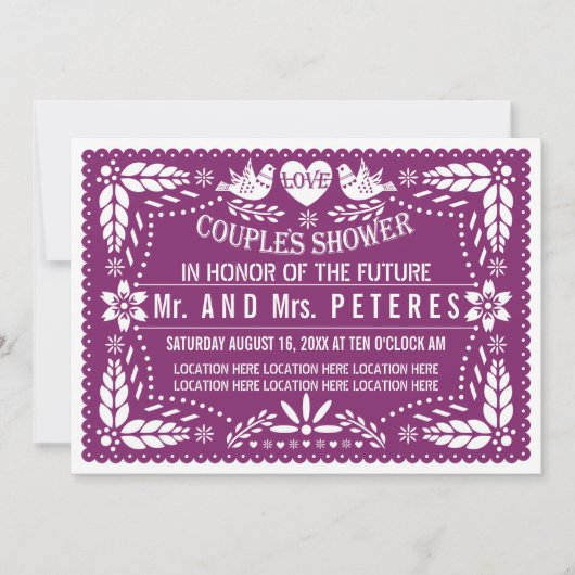 Invitation Papier picado violet mariage mexicain couple douch (Devant)