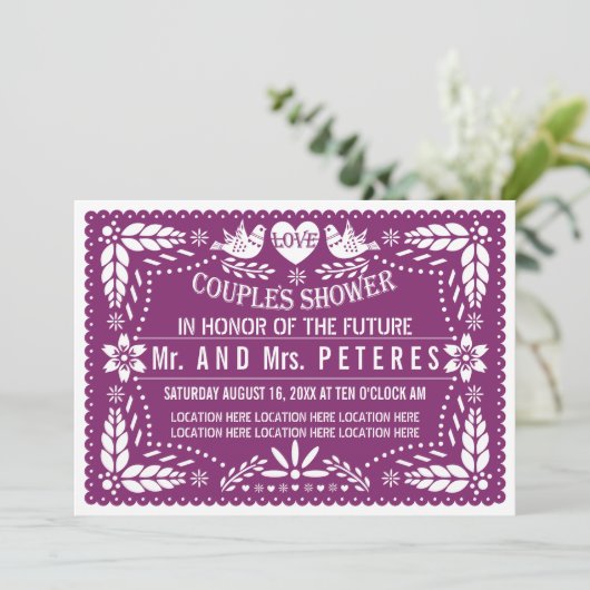Invitation Papier picado violet mariage mexicain couple douch (Debout devant)