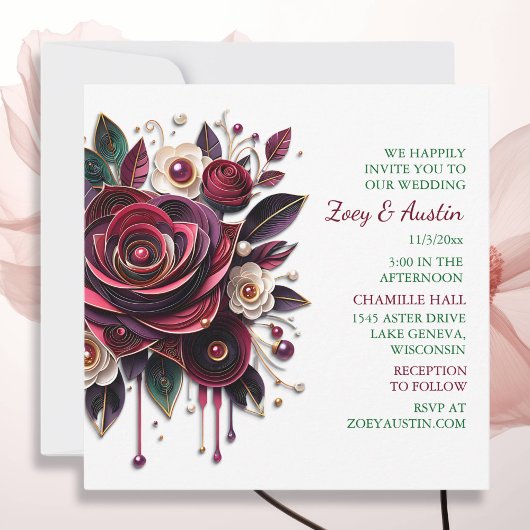 Invitation Papier Quilling Bourgogne Roses et perles
