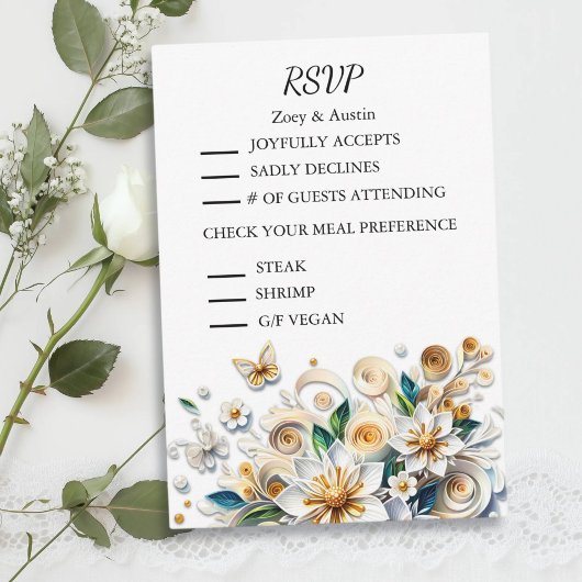 Invitation Papier Quilling Fleurs Mariage RSVP & Repas