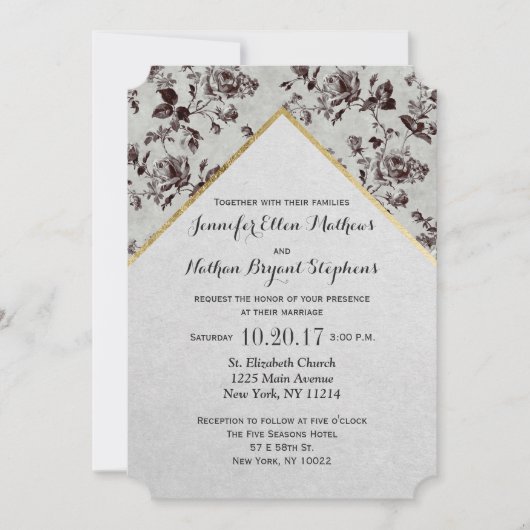 Invitation Papier Recyclé Black & White Floral & Gold Triage (Devant)