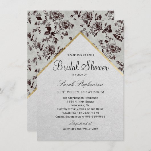 Invitation Papier Recyclé de finition Floral & Or noir & blan (Devant / Derrière)