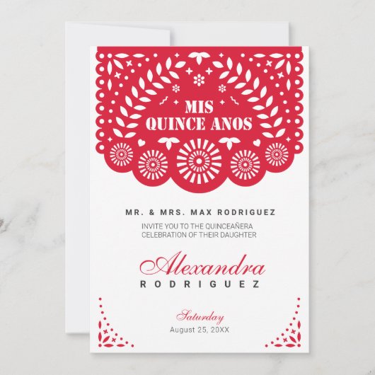 Invitation Papier rouge Picado Mis Quince Años (Devant)