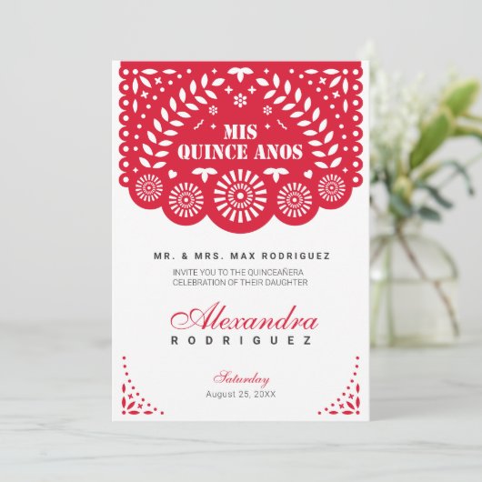 Invitation Papier rouge Picado Mis Quince Años (Debout devant)