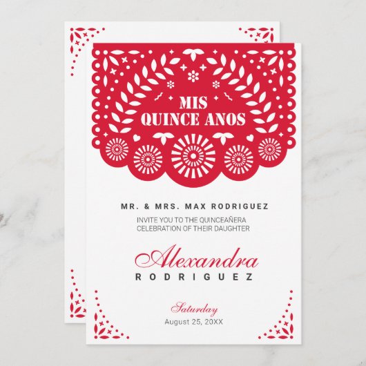 Invitation Papier rouge Picado Mis Quince Años (Devant / Derrière)