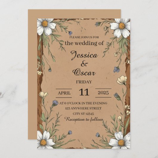 Invitation Papier rustique Kraft avec Mariage Fleur sauvage (Devant / Derrière)