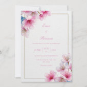 Invitation Papier Texturé Rose Sakura Cadre Mariage Doré (Devant)