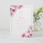 Invitation Papier Texturé Rose Sakura Cadre Mariage Doré (Debout devant)