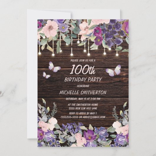Invitation Papier Violet Rose Floral Papillon Rustique 100e A (Devant)