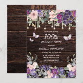 Invitation Papier Violet Rose Floral Papillon Rustique 100e A (Devant / Derrière)