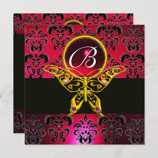 Invitation PAPIILLON HYPER MONOGRAMME Damassé Rouge Bourgogne (Devant / Derrière)