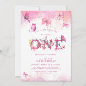 Invitation Papillon 1er anniversaire bébé fille rose or pouss (Devant)