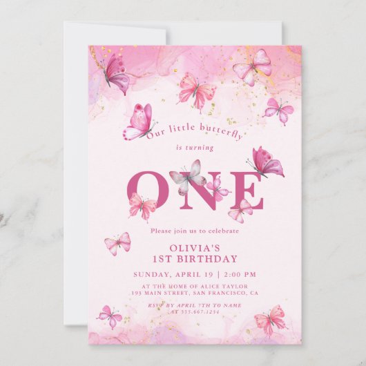 Invitation Papillon 1er anniversaire bébé fille rose or pouss (Devant)