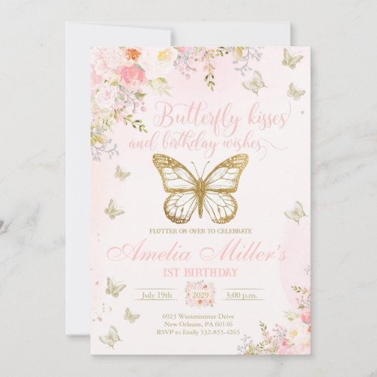 Invitation Papillon 1er anniversaire, Filles 1er anniversaire (Devant)
