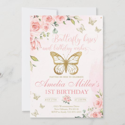 Invitation Papillon 1er anniversaire, Filles 1er anniversaire (Devant)