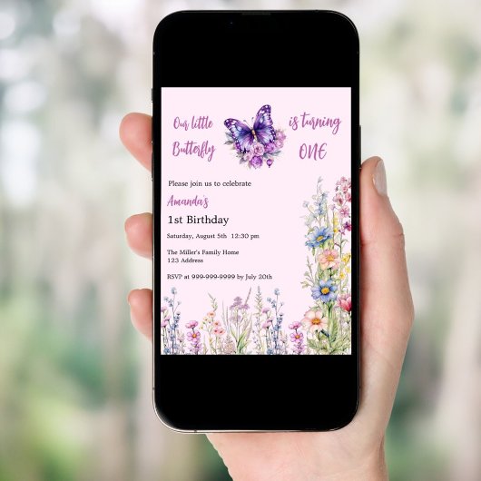 Invitation Papillon 1er anniversaire rose violet fille