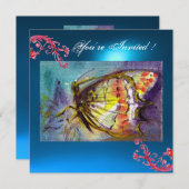 Invitation PAPILLON 2 SAPPHIR BLEU  rose vif, rouge jaune (Devant / Derrière)