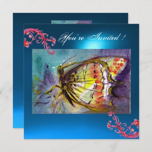 Invitation PAPILLON 2 SAPPHIR BLEU  rose vif, rouge jaune (Devant / Derrière)
