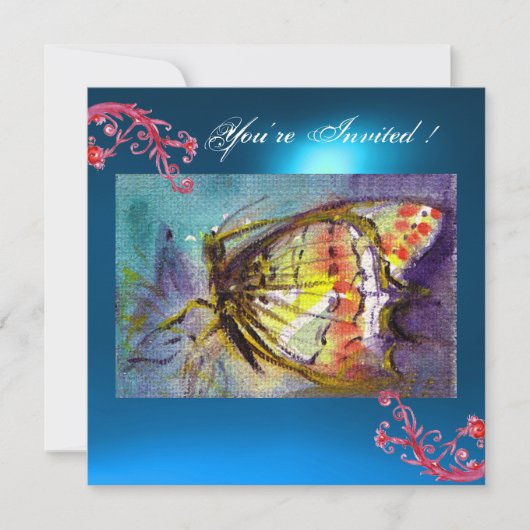 Invitation PAPILLON 2 SAPPHIRE BLEU  rose vif, rouge jaune (Devant)
