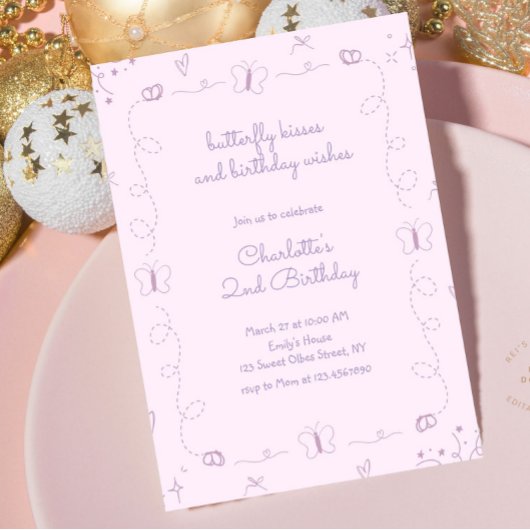 Invitation Papillon à main violet dessiné Birthday Whimsical