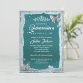 Invitation Papillon à paillettes diamant argent sarcelle Quin (Debout devant)