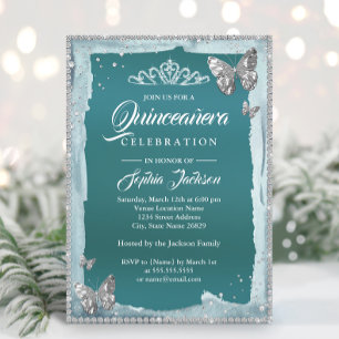 Invitation Papillon à paillettes diamant argent sarcelle Quin