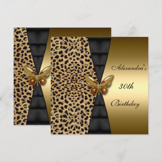 Invitation Papillon Animal doré Léopard 30e Anniversaire (Devant / Derrière)