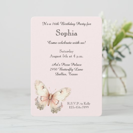 Invitation Papillon Anniversaire Crème Rose Pâle (Debout devant)
