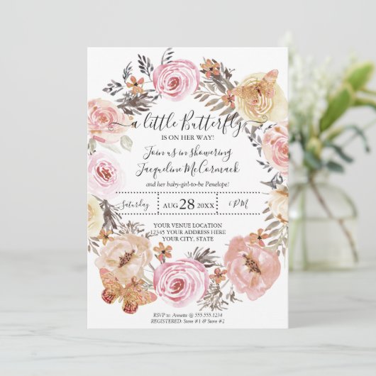 Invitation Papillon Aquarelle Wreath rose Floral Baby Girl (Debout devant)