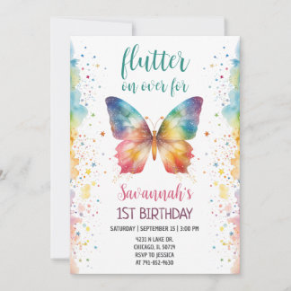 Invitation Papillon Arc-en-ciel pour 1er Anniversaire Papillo