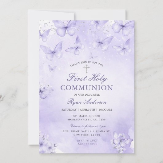 Invitation Papillon argent violet Première Sainte Communion  (Devant)
