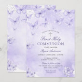 Invitation Papillon argent violet Première Sainte Communion  (Devant / Derrière)