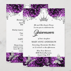 Invitation Papillon argenté violet rose quinceanera