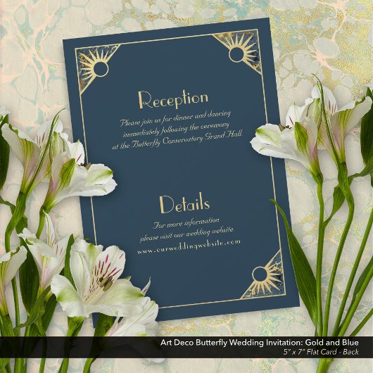 Invitation Papillon Art déco Mariage bleu et or