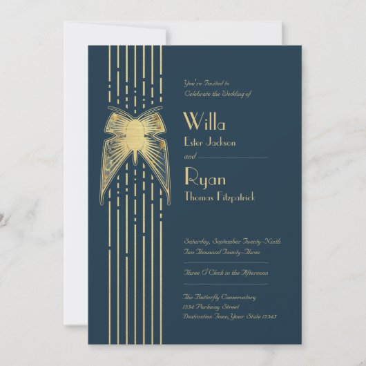 Invitation Papillon Art déco Mariage bleu et or (Devant)