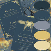 Invitation Papillon Art Déco Monogramme Mariage bleu et or