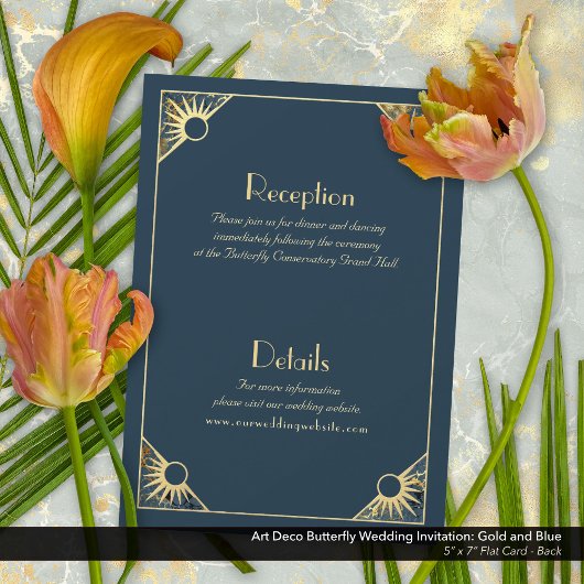 Invitation Papillon Art Déco Monogramme Mariage bleu et or
