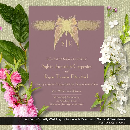 Invitation Papillon Art déco Monogramme Mariage rose et or
