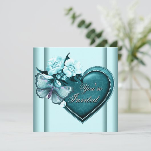Invitation Papillon au cœur bleu sarcelle Fête bleu sarcelle (Debout devant)
