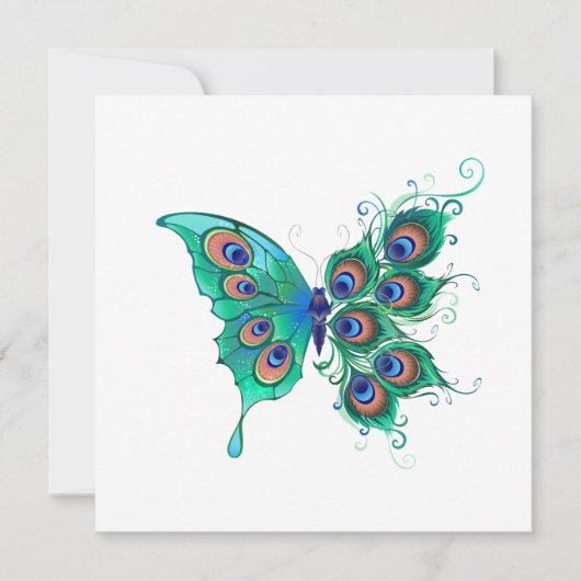 Invitation Papillon aux plumes de paon vert (Devant)