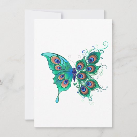 Invitation Papillon aux plumes de paon vert (Devant)