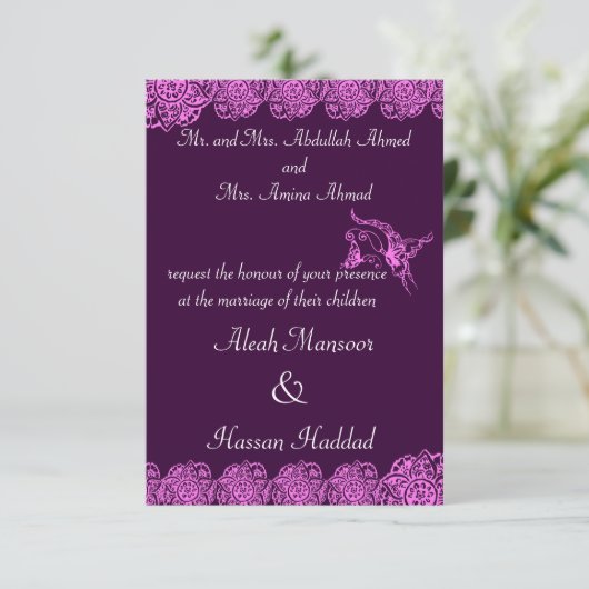 Invitation Papillon avec fleur(henné)(rose) (Debout devant)
