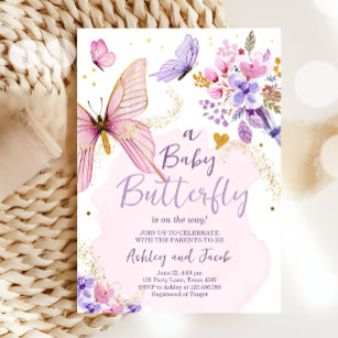 Invitation Papillon Baby shower Purple Floral Rose Girl