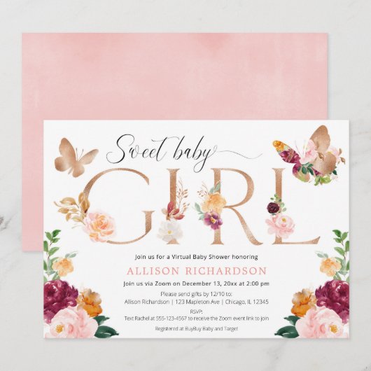 Invitation Papillon baby shower virtuel rose bordeaux floral (Devant / Derrière)