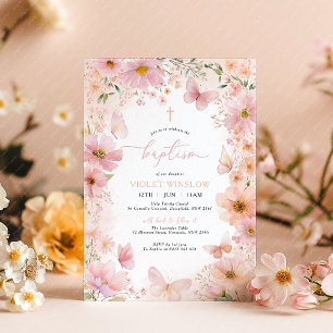 Invitation Papillon Baptême Floral Rose Pêche fille